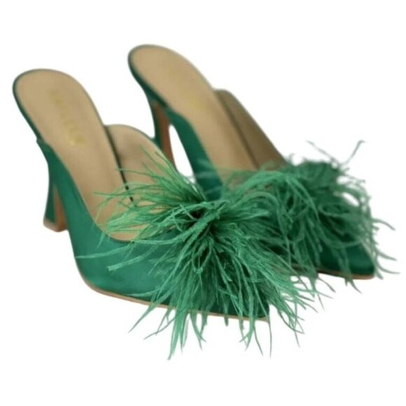 KAYLEEN / Cailin-20/ Green Satin / Feathered / Mule Heels/  With Pointed Toe - Picture 1 of 7
